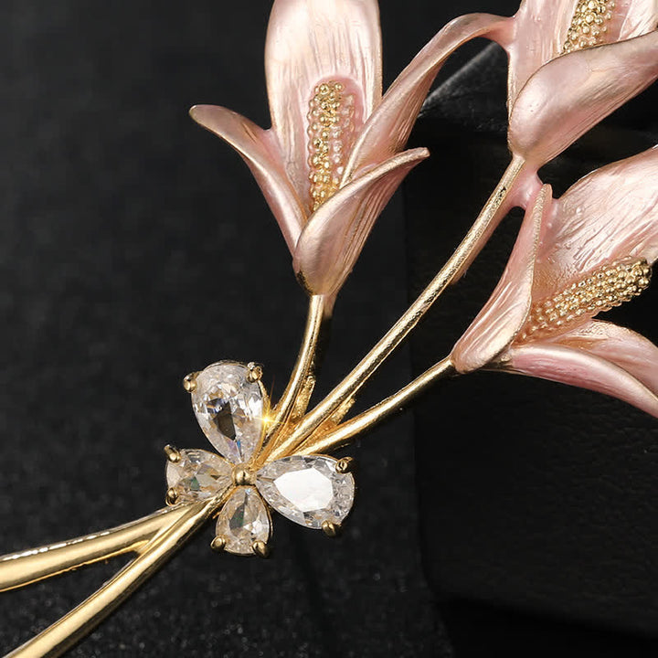 Women's Pink Lily Flower Zircon Enamel Brooch - image 4