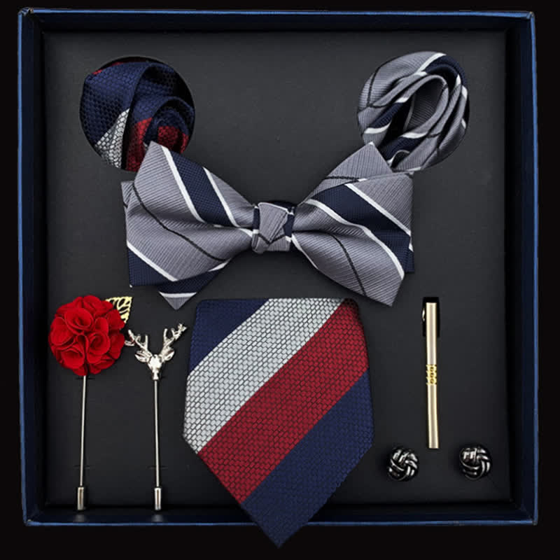 8Pcs Men's Gray Blue Red Striped Bow Ties Gift Box - Gray&Blue&Red - image 0