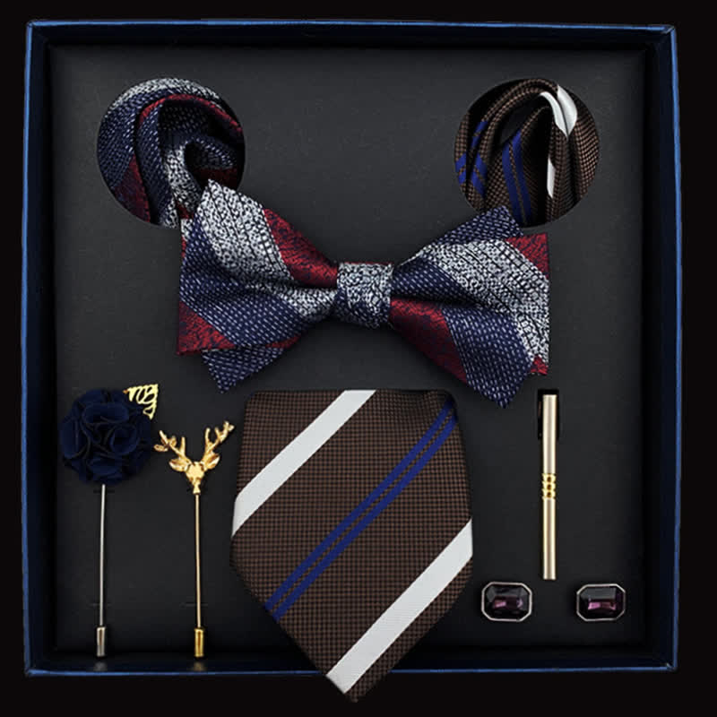 8Pcs Men's Luxury Navy Coffee Red Strips Bow Ties Gift Box - Navy&Coffee&Red - image 0