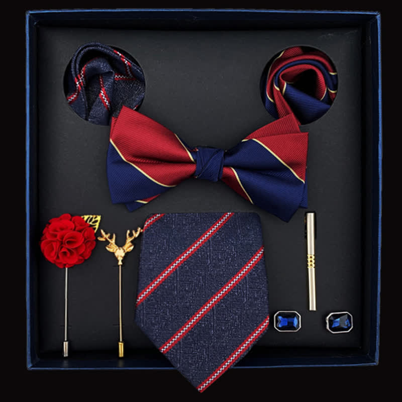 8Pcs Men's Red & Navy Formal Strips Bow Ties Gift Box - Navy&Red - image 0