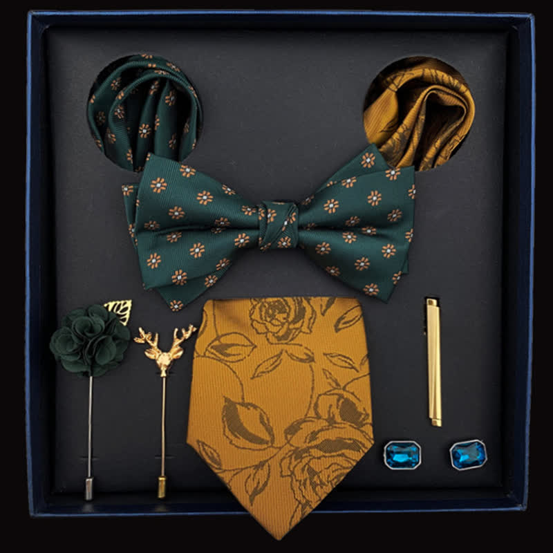 8Pcs Men's Rose Flower DarkGreen Goldenrod Bow Ties Gift Box - DarkGreen&Goldenrod - image 0