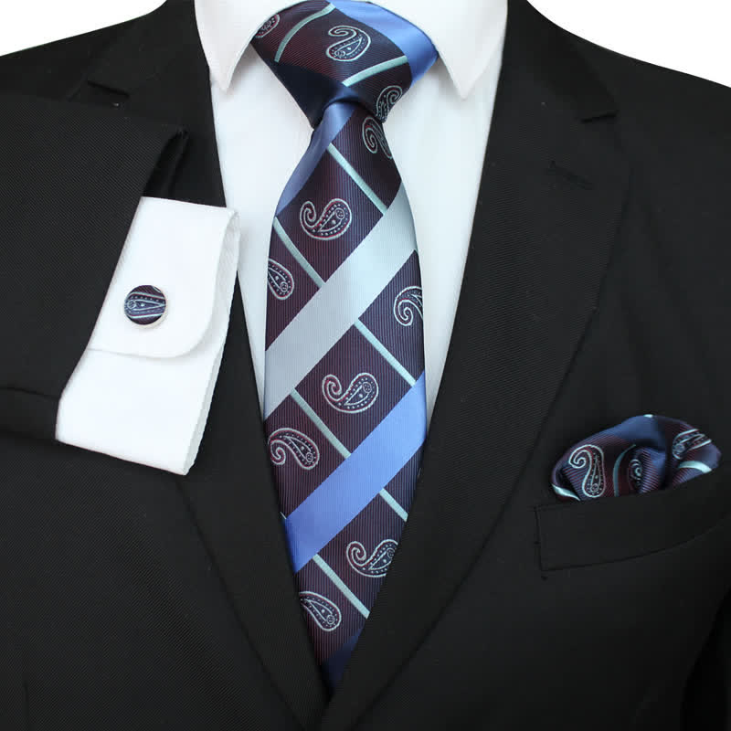 3Pcs Men's Striped Paisley Mixed Pattern Necktie Set - Navy - image 3