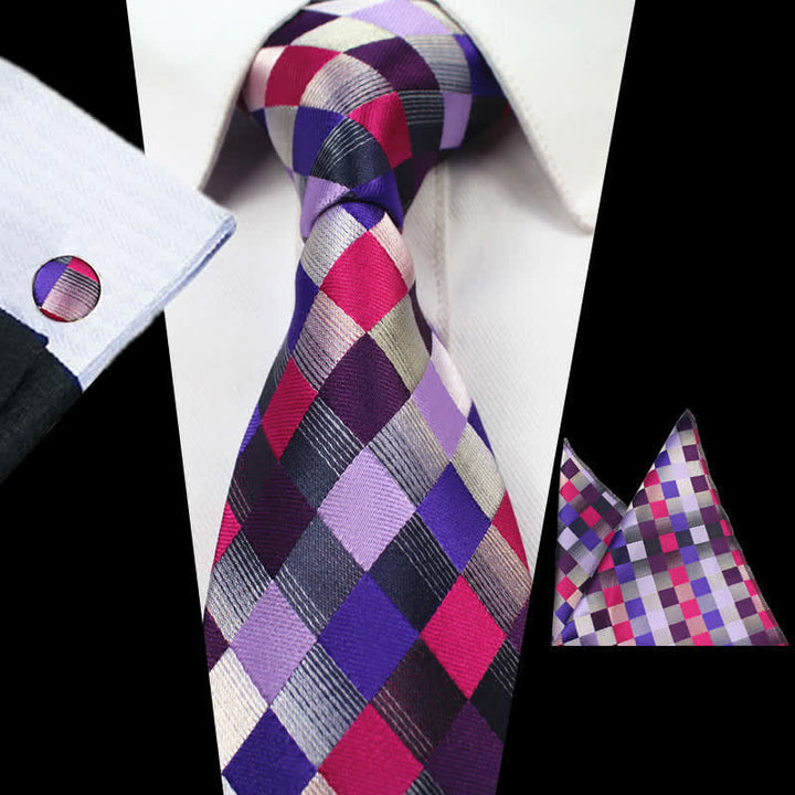 3Pcs Men's Purple Gray Checkerboard Necktie Set - Purple - image 0
