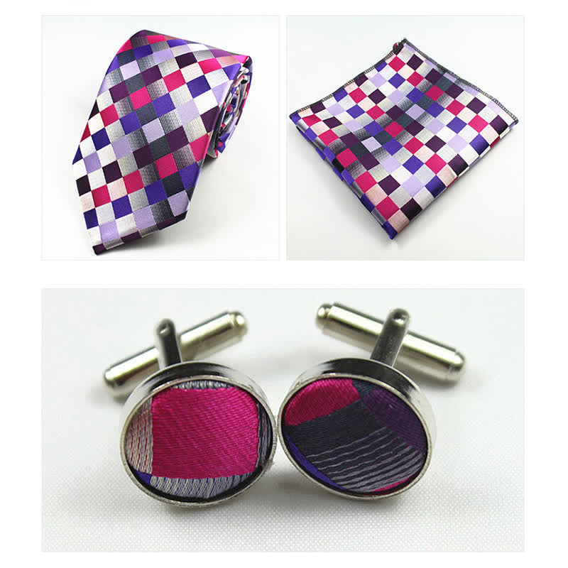 3Pcs Men's Purple Gray Checkerboard Necktie Set - image 1