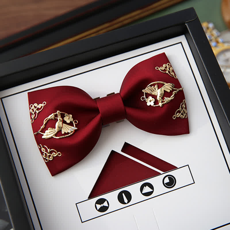 1Pcs Men's Golden Metal Bird Flower Decors Bow Tie - Burgundy - Style #1 - image 0