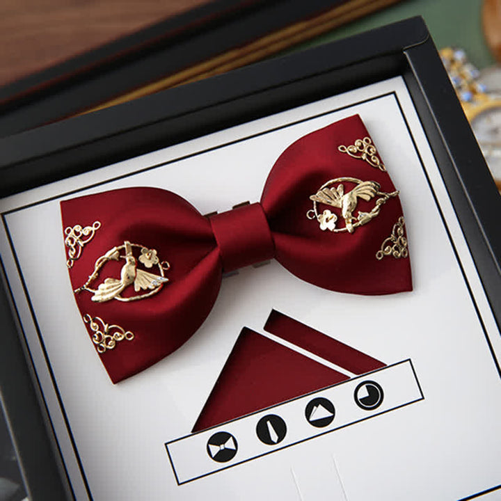 1Pcs Men's Golden Metal Bird Flower Decors Bow Tie - Burgundy - Style #1 - image 0