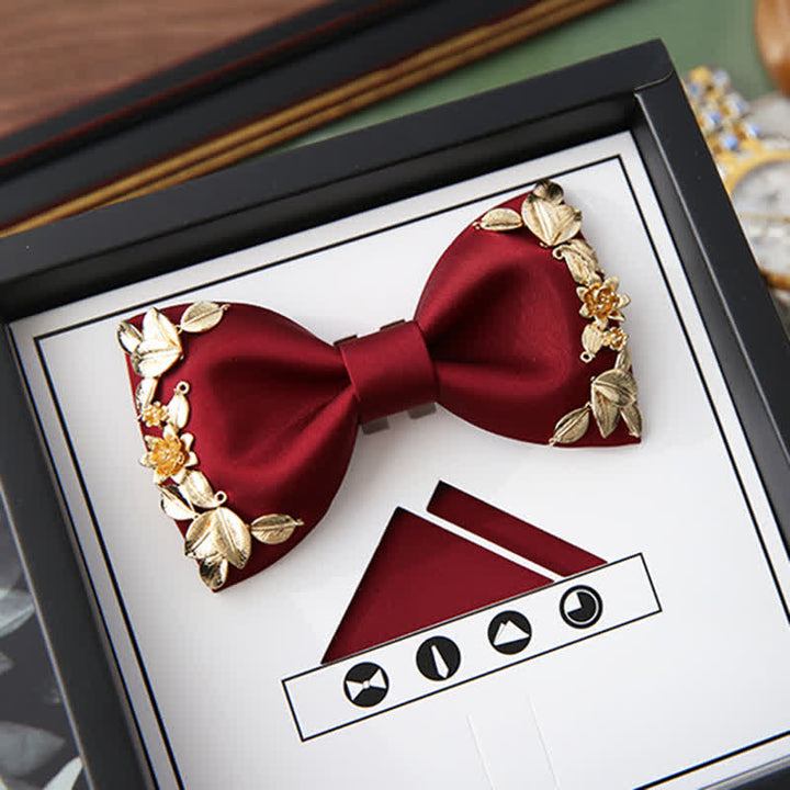 1Pcs Men's Golden Metal Bird Flower Decors Bow Tie - Burgundy - Style #2 - image 4