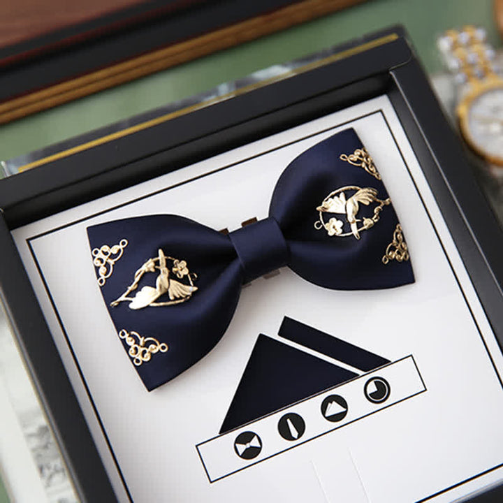 1Pcs Men's Golden Metal Bird Flower Decors Bow Tie - Navy - Style #1 - image 13