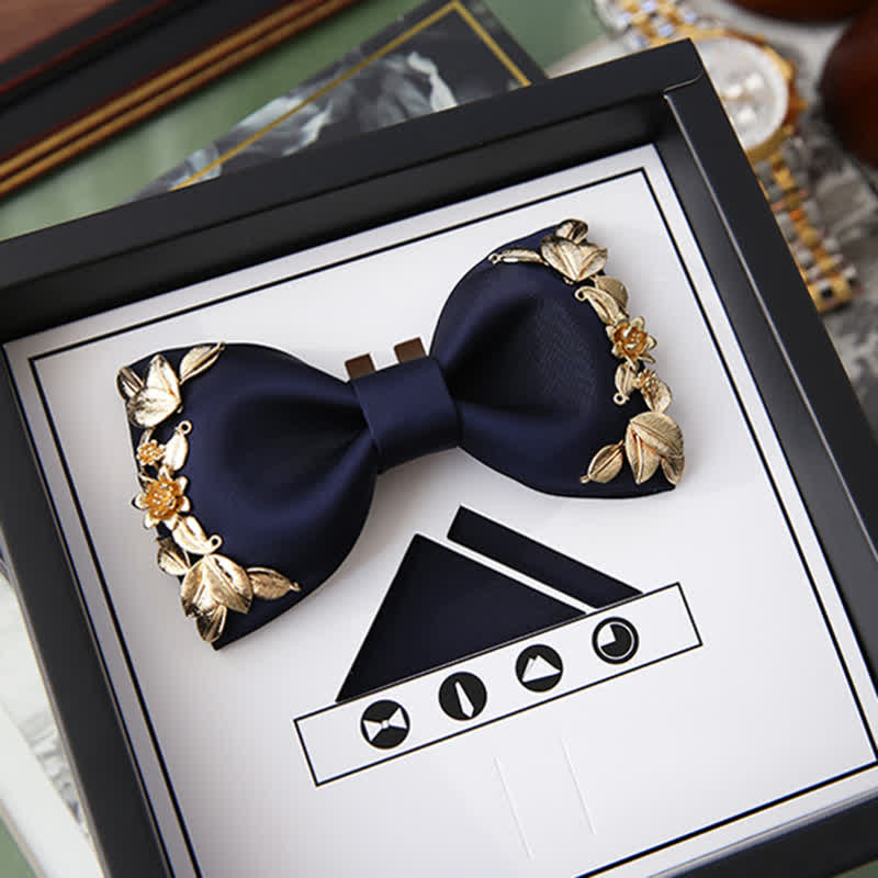 1Pcs Men's Golden Metal Bird Flower Decors Bow Tie - Navy - Style #2 - image 14