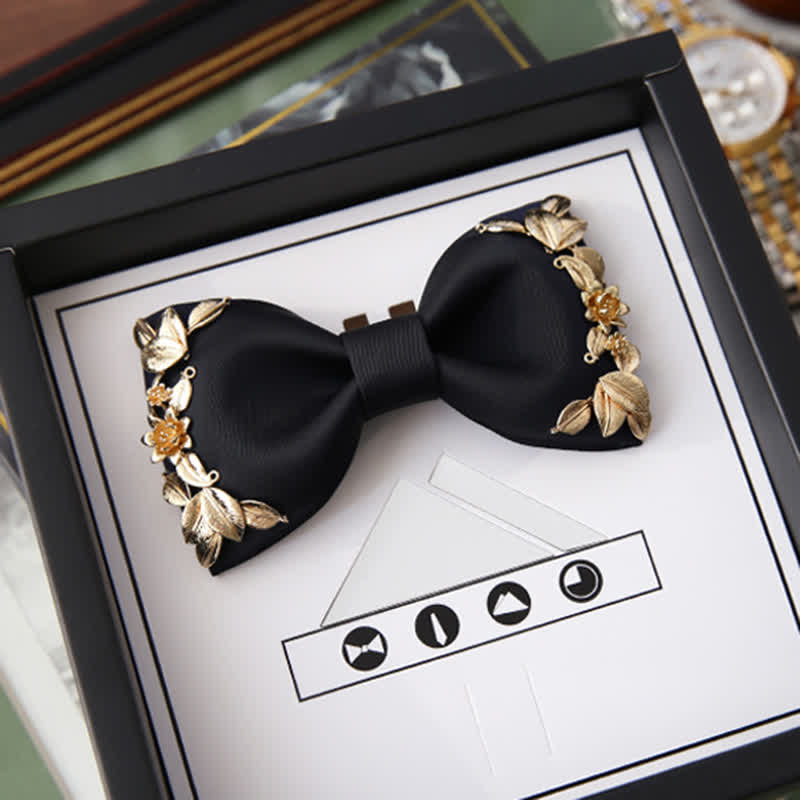 1Pcs Men's Golden Metal Bird Flower Decors Bow Tie - Black - Style #2 - image 10