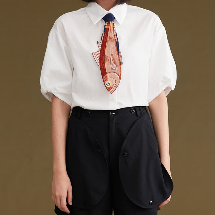 Women's Irregular Fun Fish Embroidered Zipper Necktie