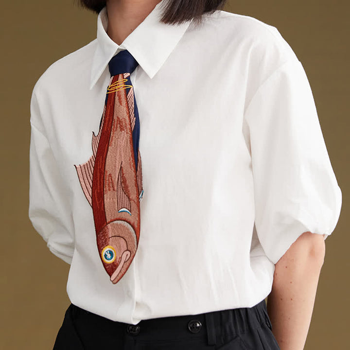 Women's Irregular Fun Fish Embroidered Zipper Necktie - image 2