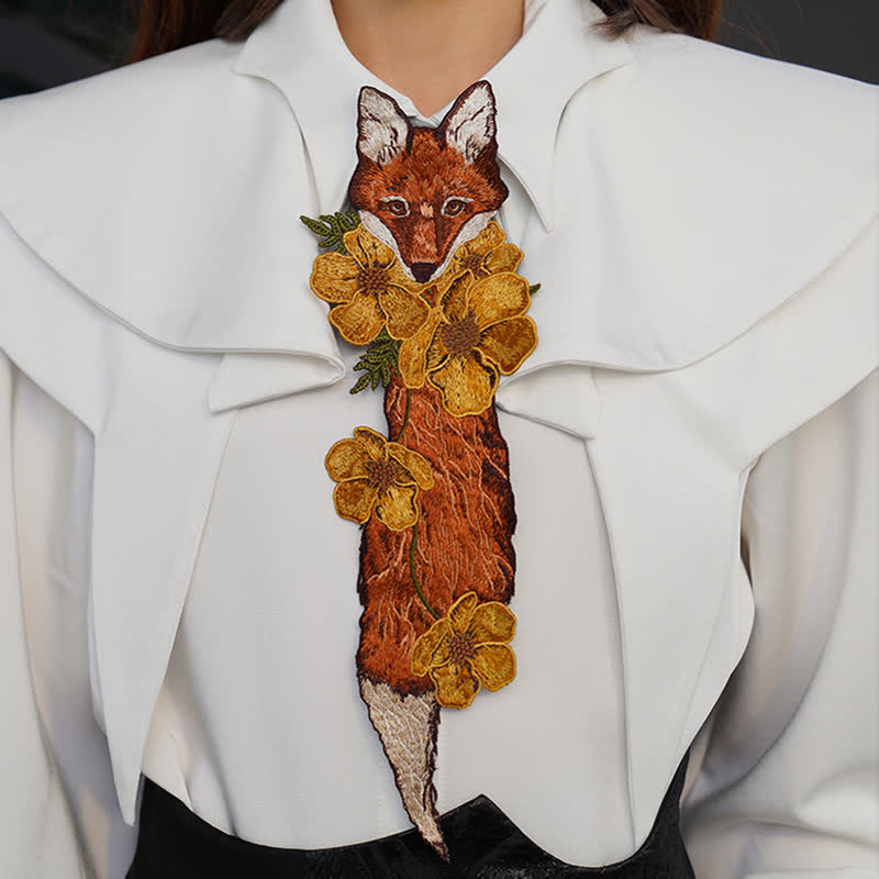 Women's Vintage Fox Flowers Embroidered Zipper Necktie - image 3