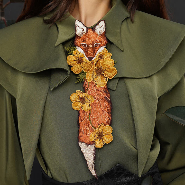 Women's Vintage Fox Flowers Embroidered Zipper Necktie - Orange - image 0