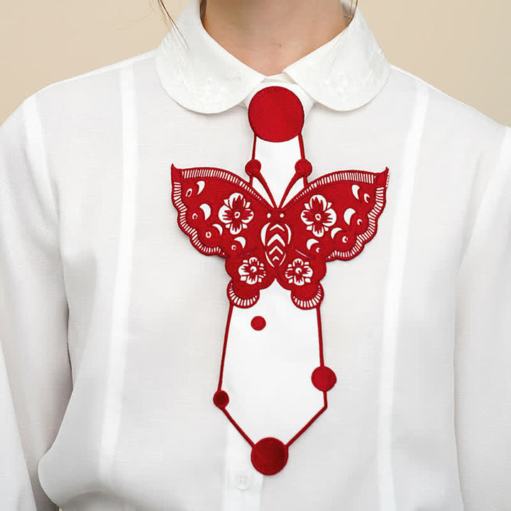 Women's Butterfly Embroidery Zipper Necktie - Red - image 0