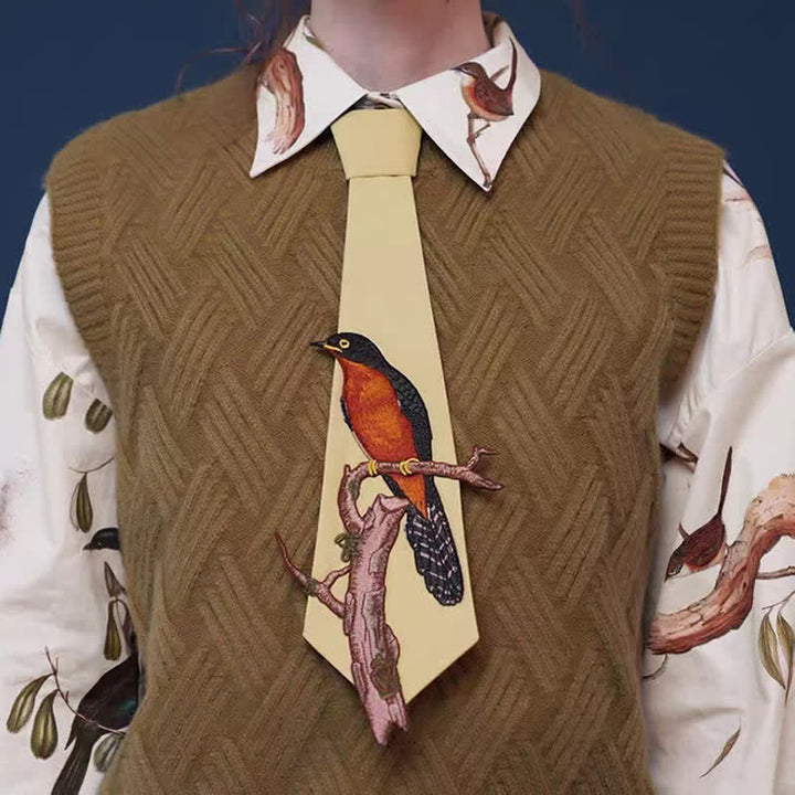 Women's Bird On A Branch Embroidered Zipper Necktie - image 1
