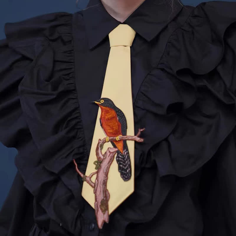 Women's Bird On A Branch Embroidered Zipper Necktie - Yellow - image 0