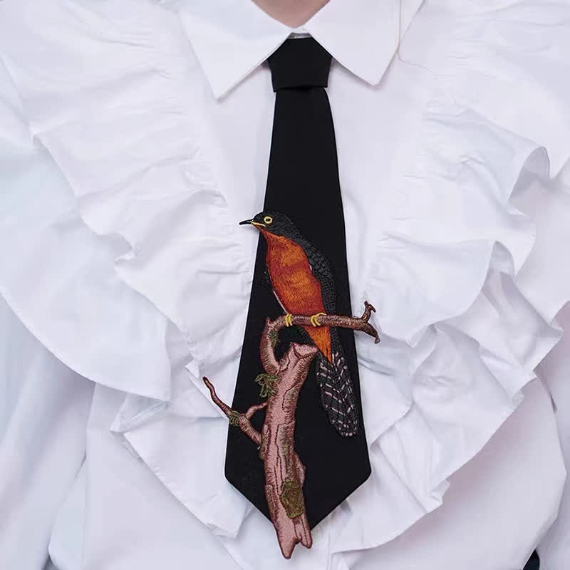 Women's Bird On A Branch Embroidered Zipper Necktie - Black - image 3