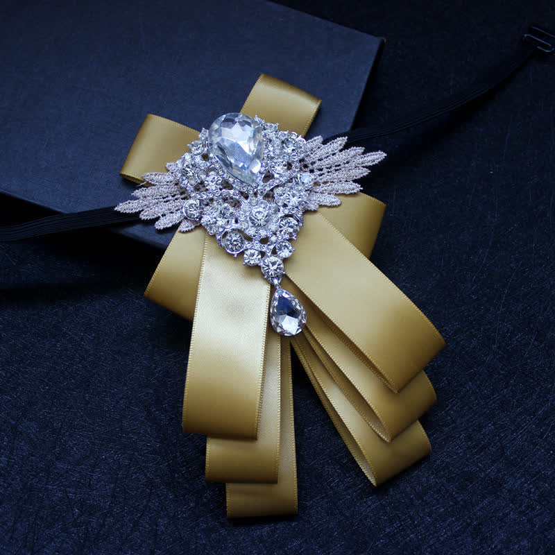 Retro Crystal Rhinestone Dangle Ribbon Bow Tie - Gold - image 10