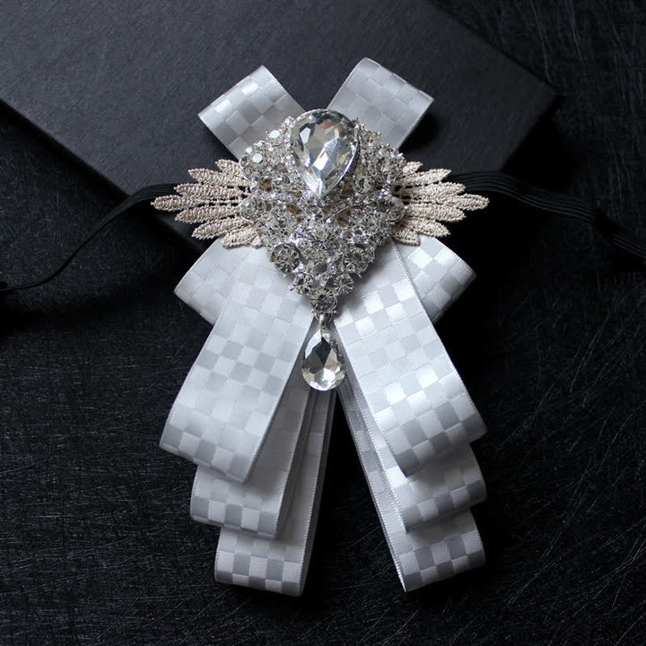 Retro Crystal Rhinestone Dangle Ribbon Bow Tie - Gray Check - image 14