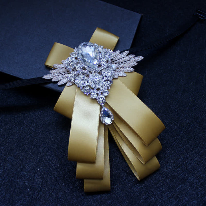 Retro Crystal Rhinestone Dangle Ribbon Bow Tie - Gold - image 10