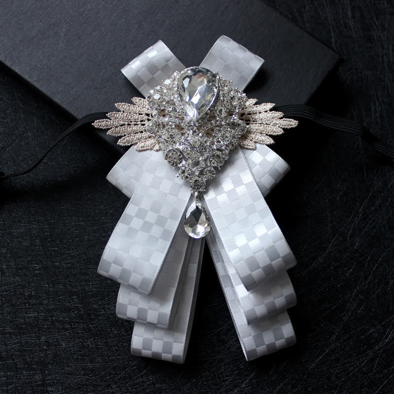Retro Crystal Rhinestone Dangle Ribbon Bow Tie - Gray Check - image 14