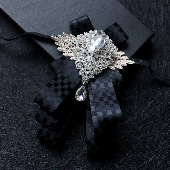 Retro Crystal Rhinestone Dangle Ribbon Bow Tie - Black Check - image 13