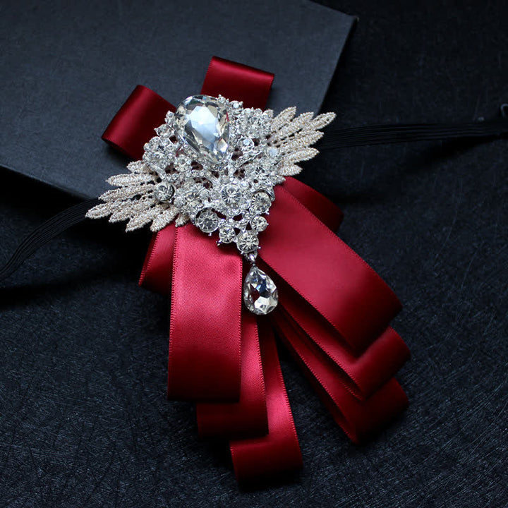 Retro Crystal Rhinestone Dangle Ribbon Bow Tie - Burgundy - image 8