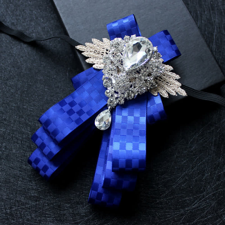 Retro Crystal Rhinestone Dangle Ribbon Bow Tie - Blue Check - image 15