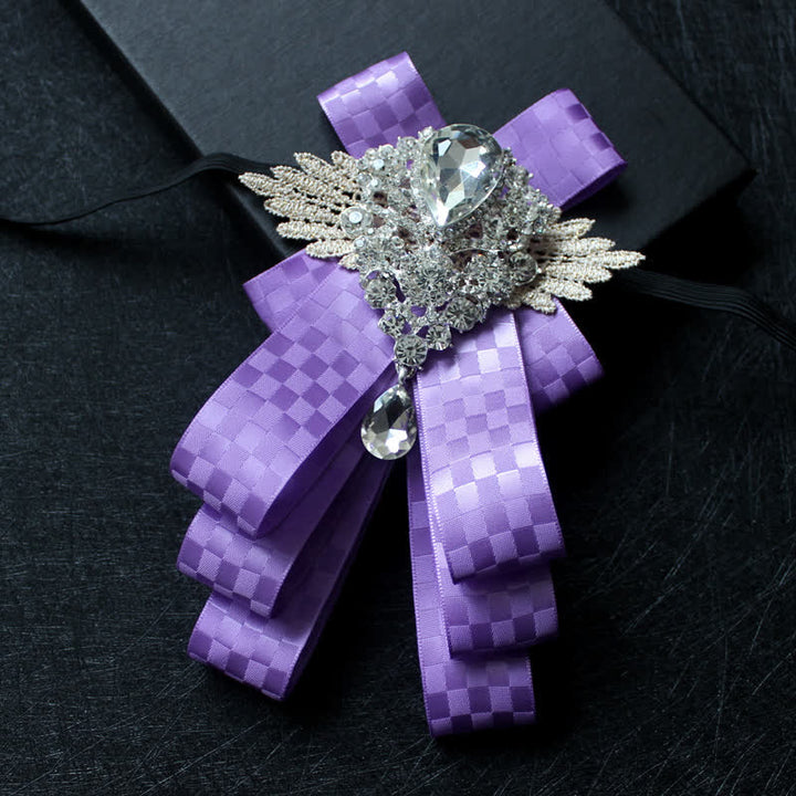 Retro Crystal Rhinestone Dangle Ribbon Bow Tie - Purple Check - image 17