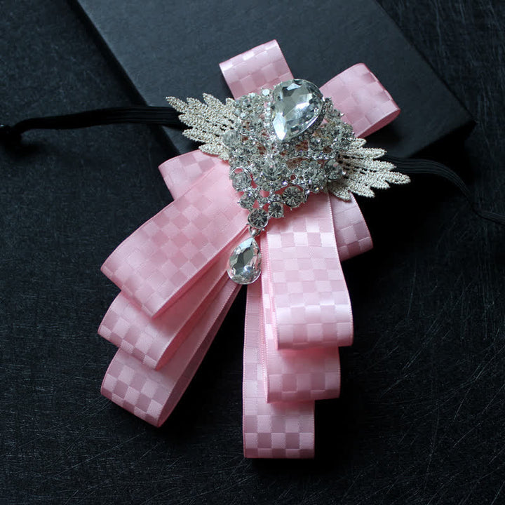 Retro Crystal Rhinestone Dangle Ribbon Bow Tie - Pink Check - image 16