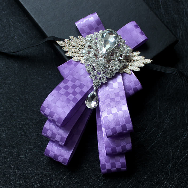 Retro Crystal Rhinestone Dangle Ribbon Bow Tie - Purple Check - image 17