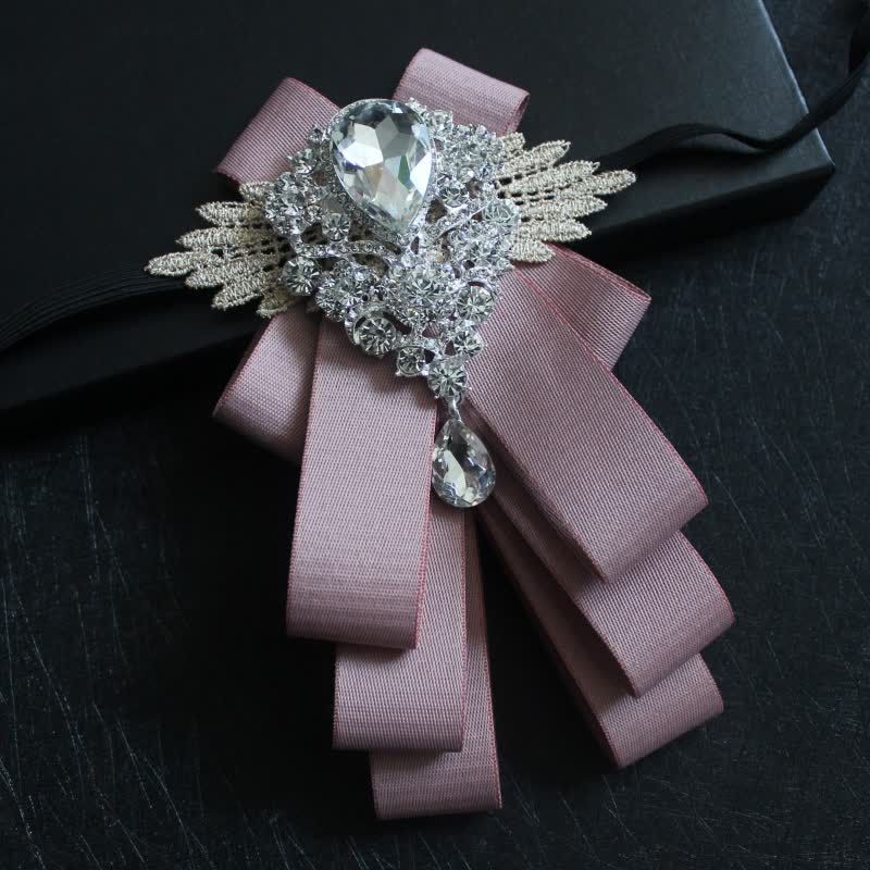 Retro Crystal Rhinestone Dangle Ribbon Bow Tie - Pink Edge - image 18