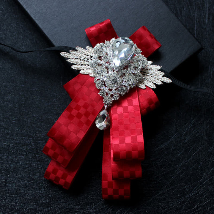 Retro Crystal Rhinestone Dangle Ribbon Bow Tie - Red Check - image 12