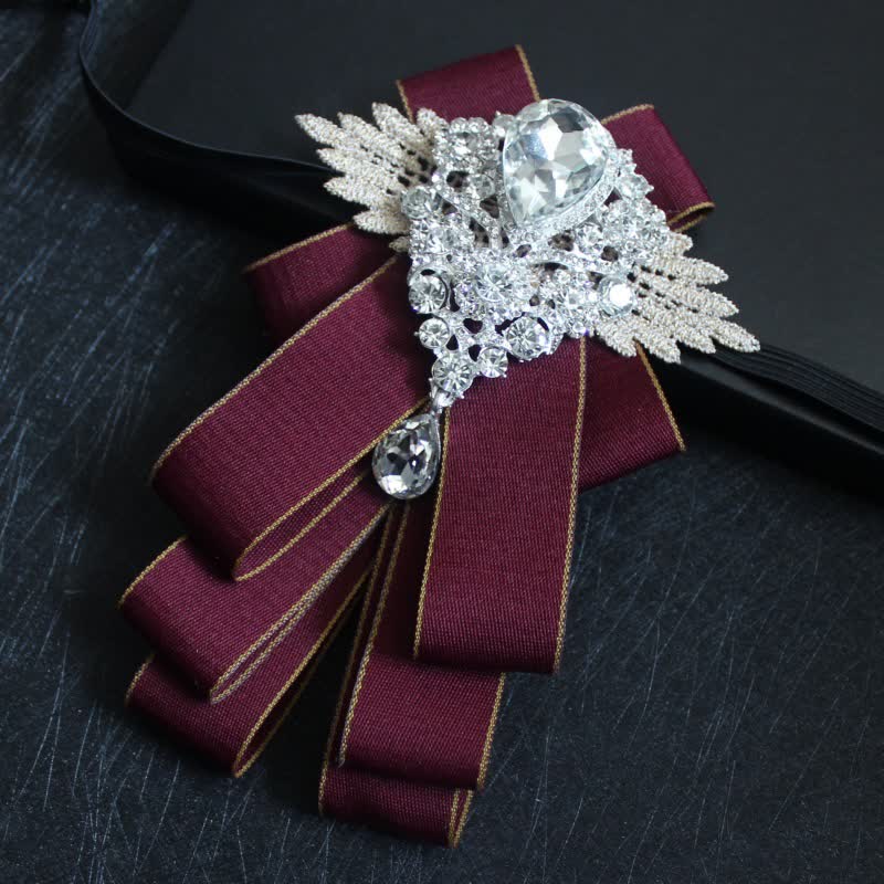 Retro Crystal Rhinestone Dangle Ribbon Bow Tie - Burgundy Edge - image 24