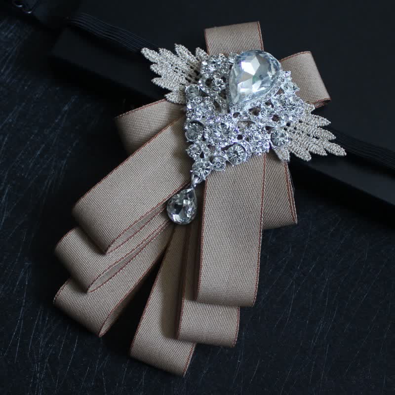 Retro Crystal Rhinestone Dangle Ribbon Bow Tie - Khaki Edge - image 21