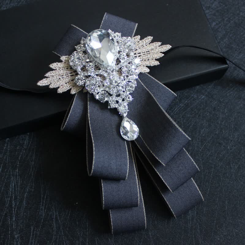 Retro Crystal Rhinestone Dangle Ribbon Bow Tie - Gray Edge - image 25