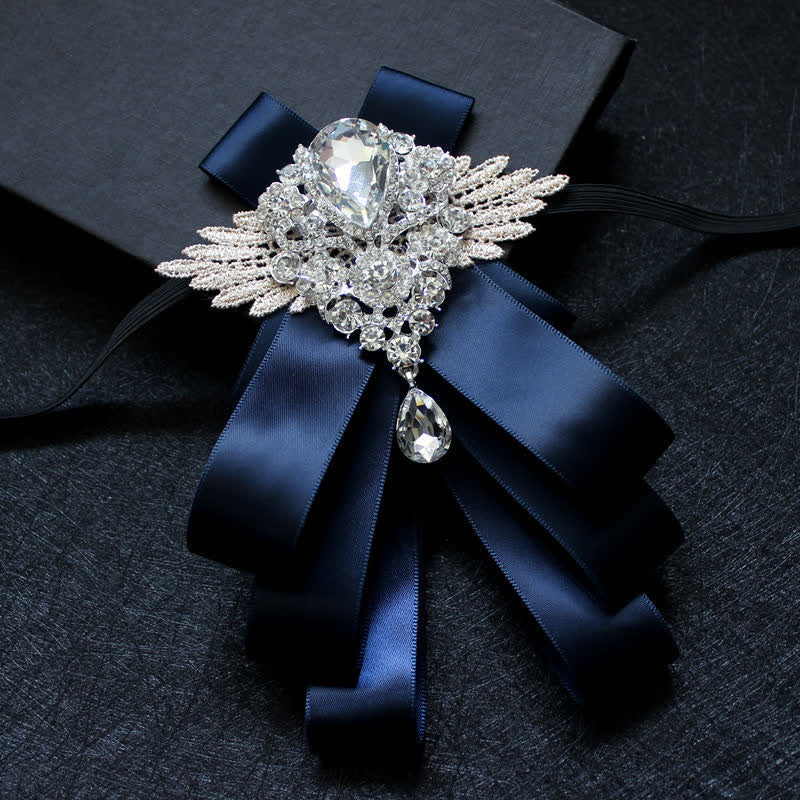 Retro Crystal Rhinestone Dangle Ribbon Bow Tie - Navy - image 1