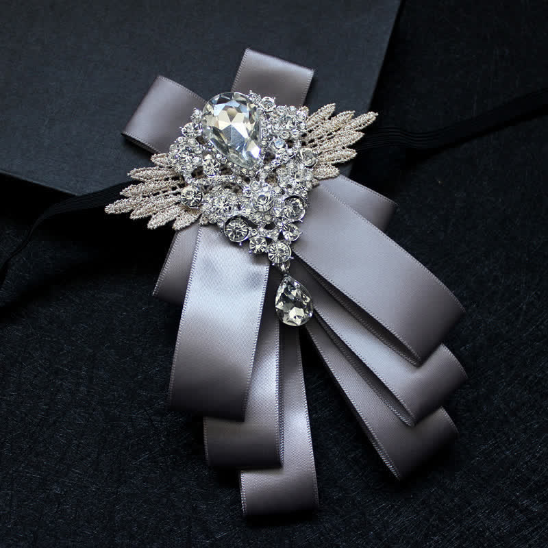 Retro Crystal Rhinestone Dangle Ribbon Bow Tie - Gray - image 5