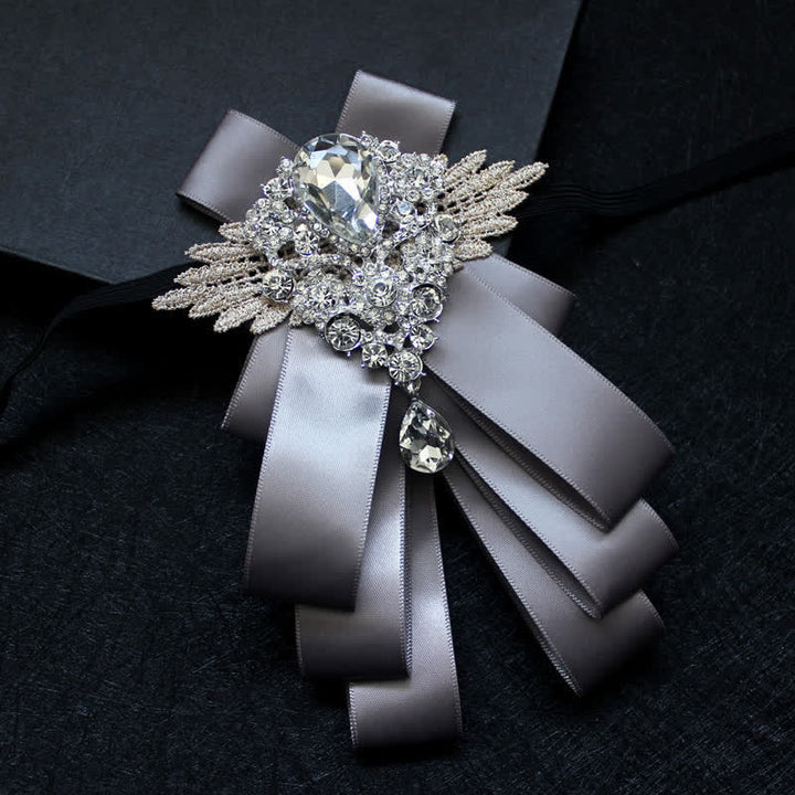 Retro Crystal Rhinestone Dangle Ribbon Bow Tie - Gray - image 5