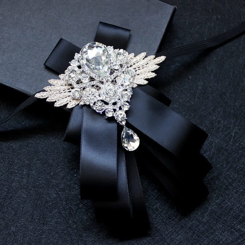 Retro Crystal Rhinestone Dangle Ribbon Bow Tie - Black - image 4