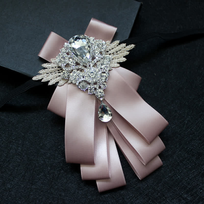 Retro Crystal Rhinestone Dangle Ribbon Bow Tie - Khaki - image 6