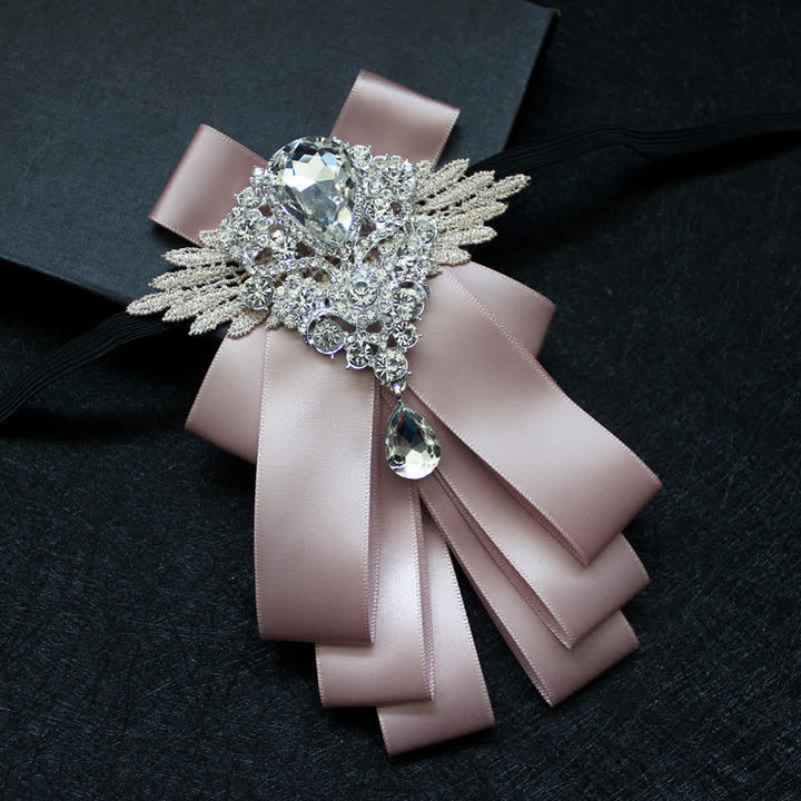 Retro Crystal Rhinestone Dangle Ribbon Bow Tie - Khaki - image 6