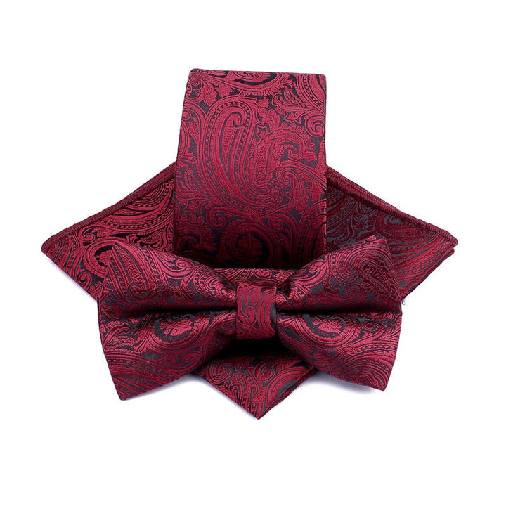 3Pcs Men's Paisley Ceremony Groom Bow Tie Necktie Set - Burgundy - image 3
