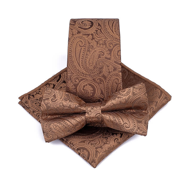 3Pcs Men's Paisley Ceremony Groom Bow Tie Necktie Set - Brown - image 1