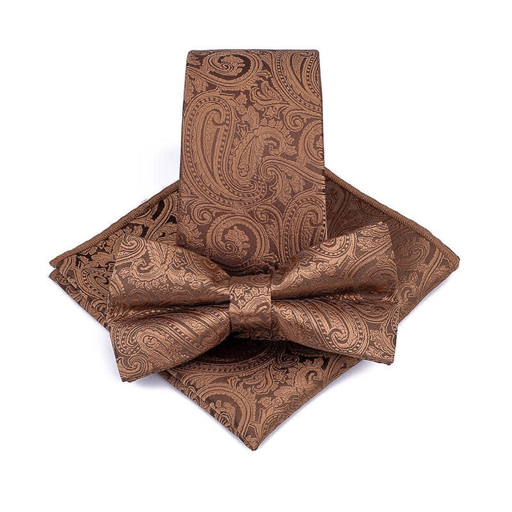 3Pcs Men's Paisley Ceremony Groom Bow Tie Necktie Set - Brown - image 1