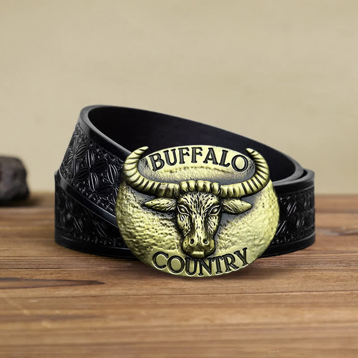 Men's DIY Buffalo Country Buckle Leather Belt - Bronze - Black Embossed Weave Belt (38) - image 5