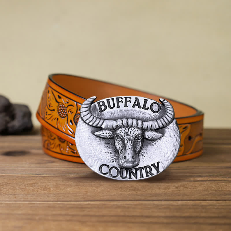 Men's DIY Buffalo Country Buckle Leather Belt - Silver - Orange Carved Belt (40) - image 17