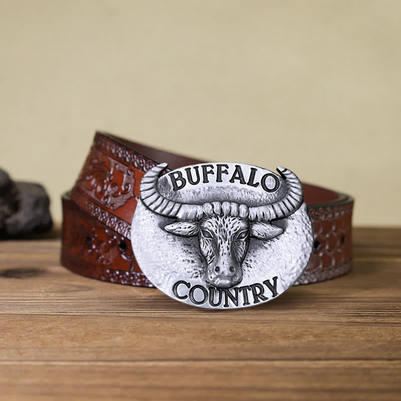 Men's DIY Buffalo Country Buckle Leather Belt - Silver - Brown Carved Belt (40) - image 15