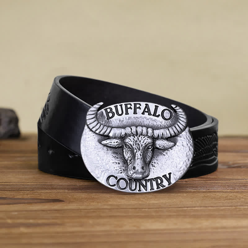 Men's DIY Buffalo Country Buckle Leather Belt - Silver - Black Embossed Eagle Belt (38) - image 12